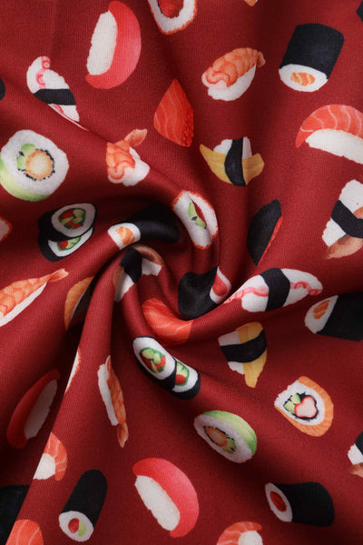 Close up of Burgundy Red Sushi Print Swing Dress