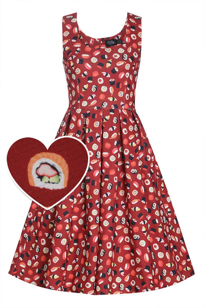 Front view of Burgundy Red Sushi Print Swing Dress