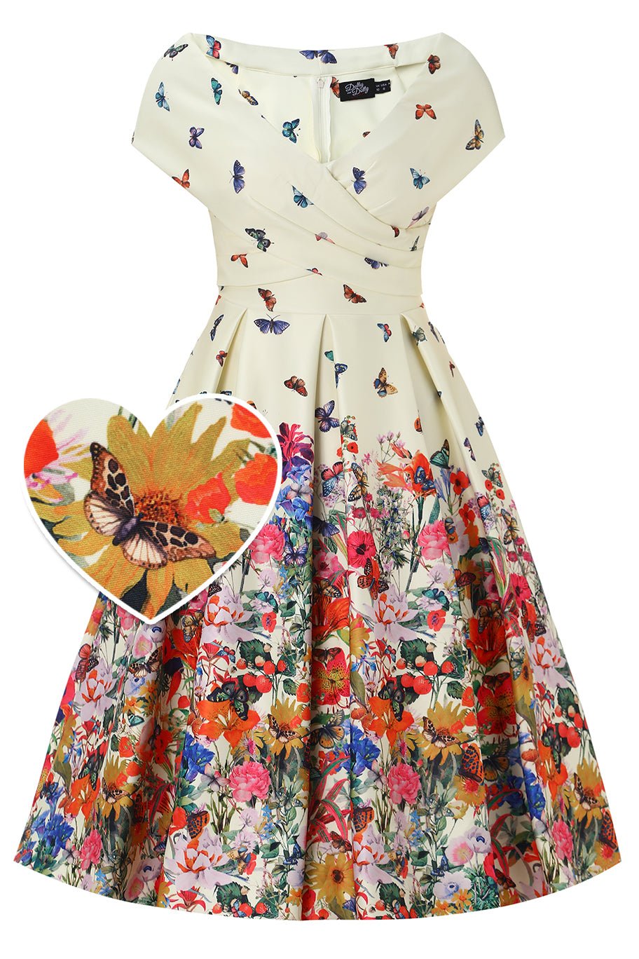 Front view of Butterfly Garden Off Shoulder Dress