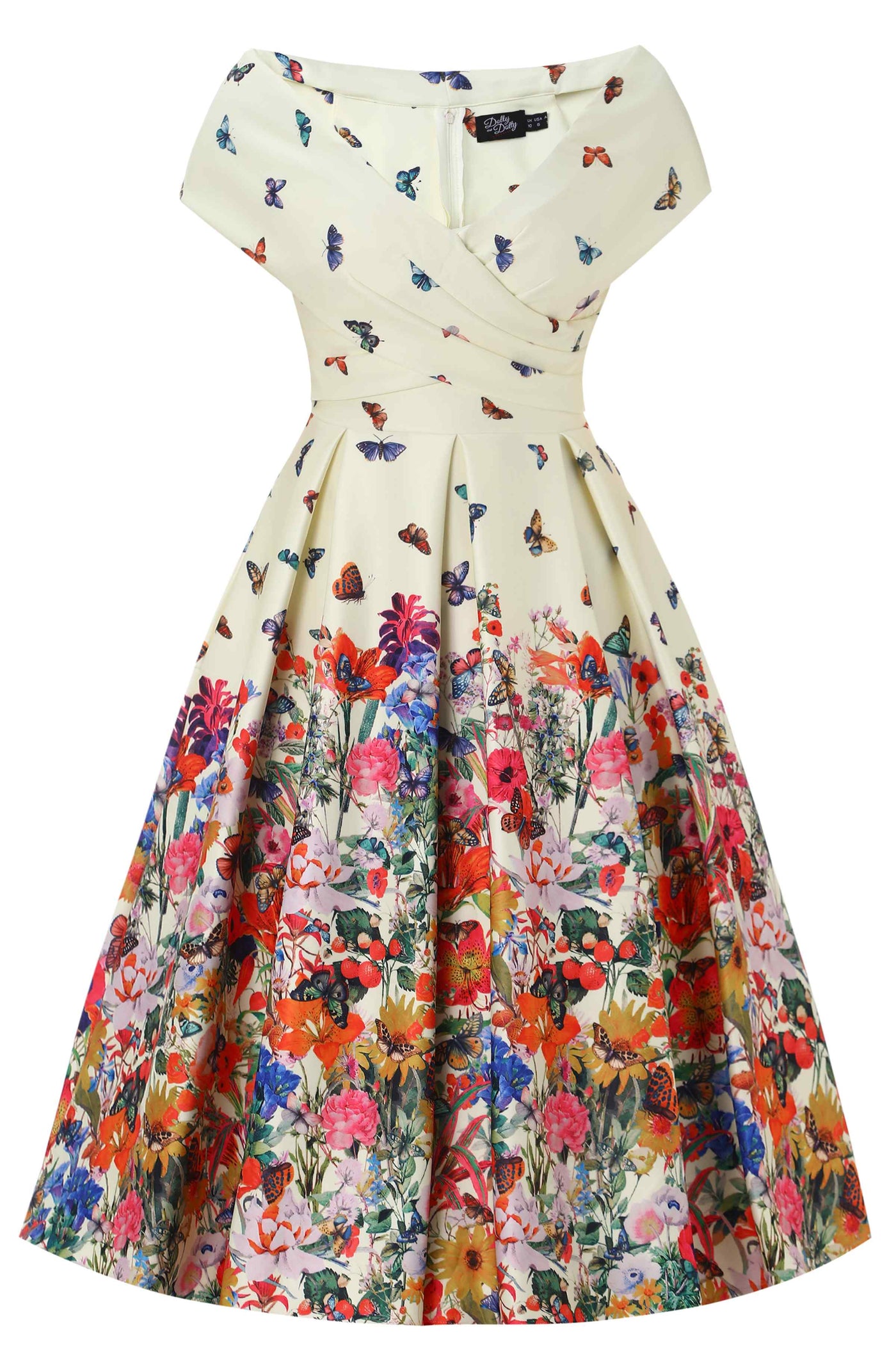 Front view of Butterfly Garden Off Shoulder Dress