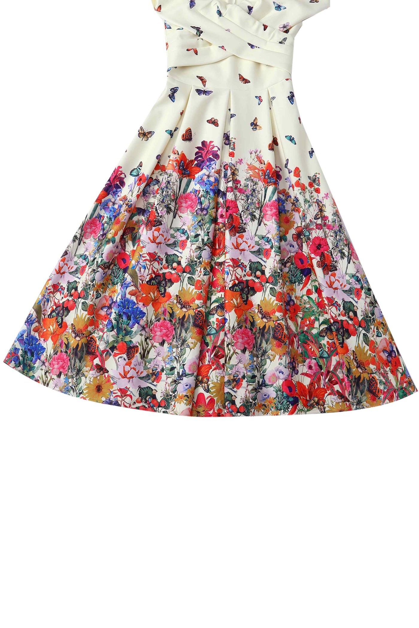 Close up view of Butterfly Garden Off Shoulder Dress