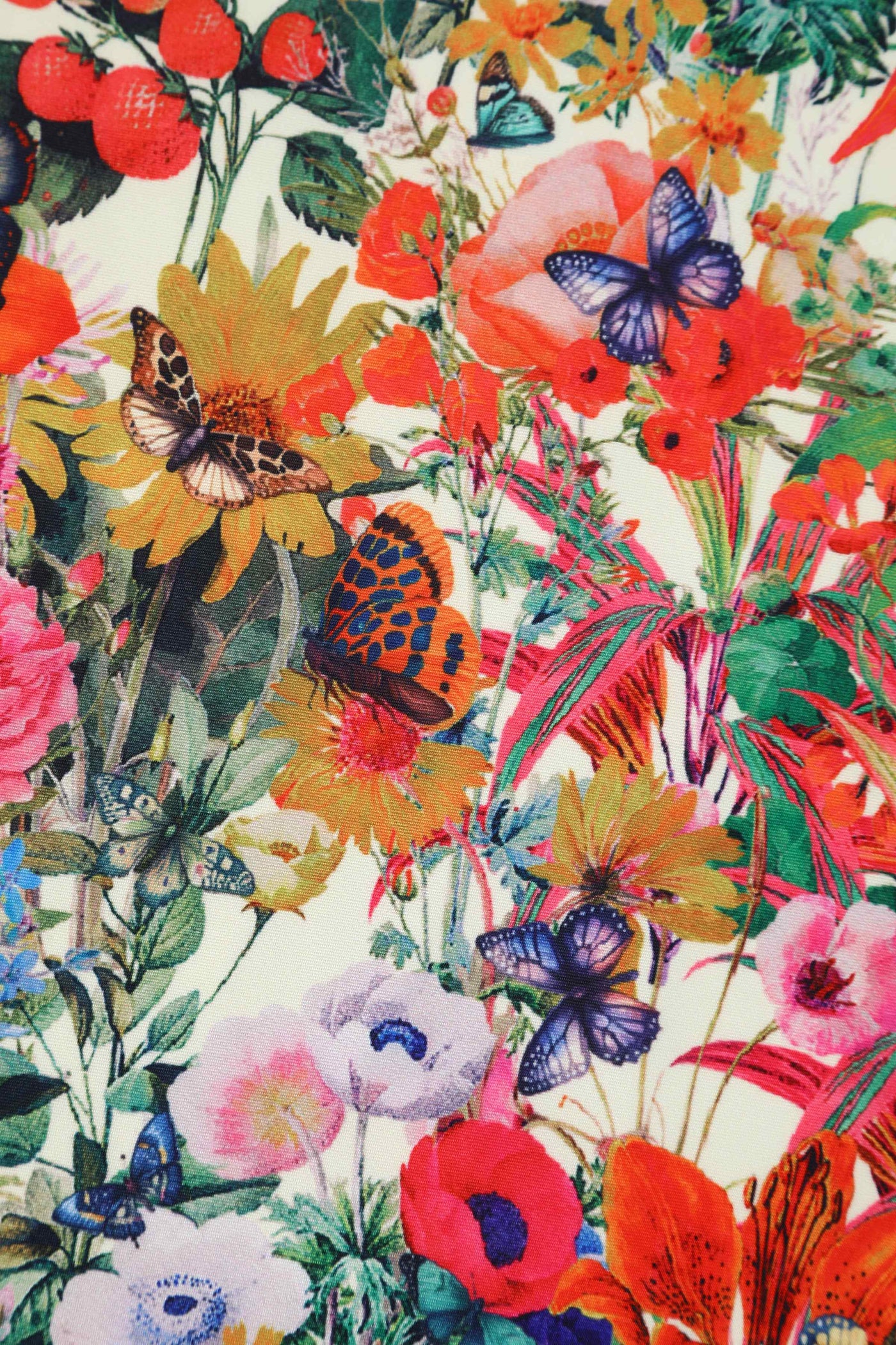 Close up view of Butterfly Garden Off Shoulder Dress