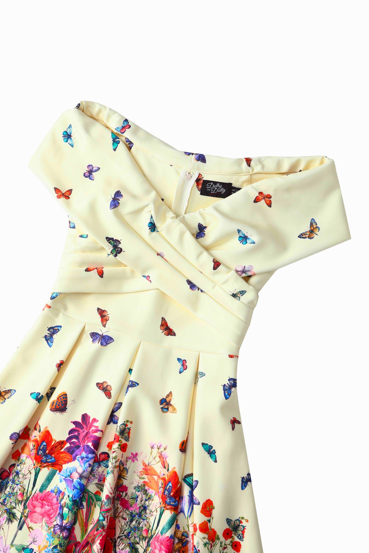 Close up view of Butterfly Garden Off Shoulder Dress