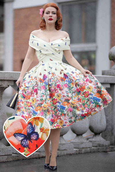 A lady wearing a Butterfly Garden Off Shoulder Dress