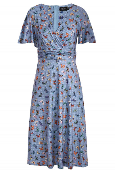 Front view of Blue Butterfly Polka Dot Tea Dress