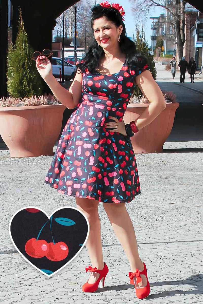 Cap Sleeved Cherry Skater Dress