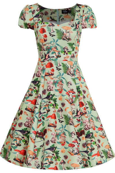 Cap Sleeved Dress in Mushroom, Squirrels Forest Print