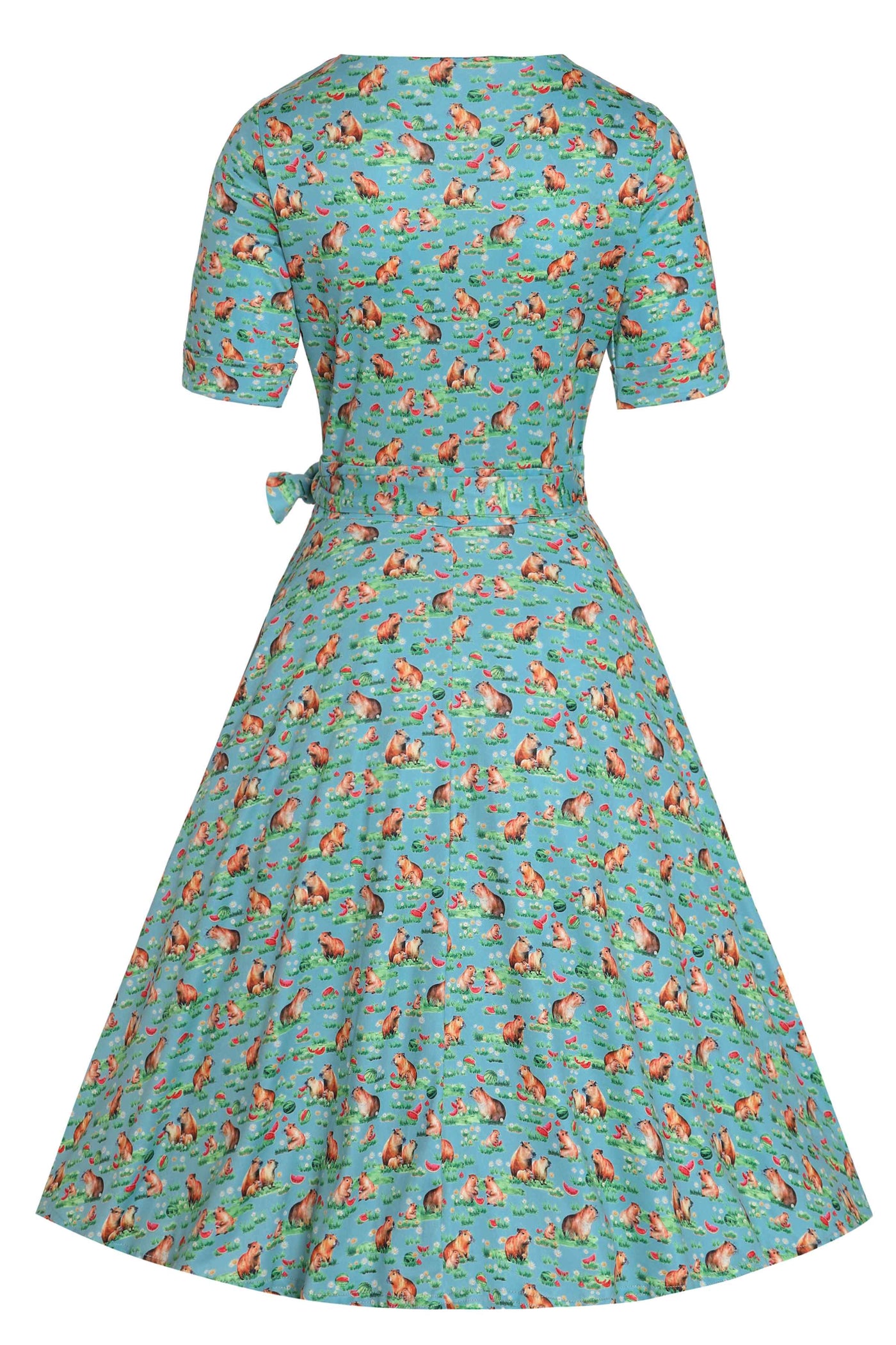 Back View of Capybara Blue Wrap Dress