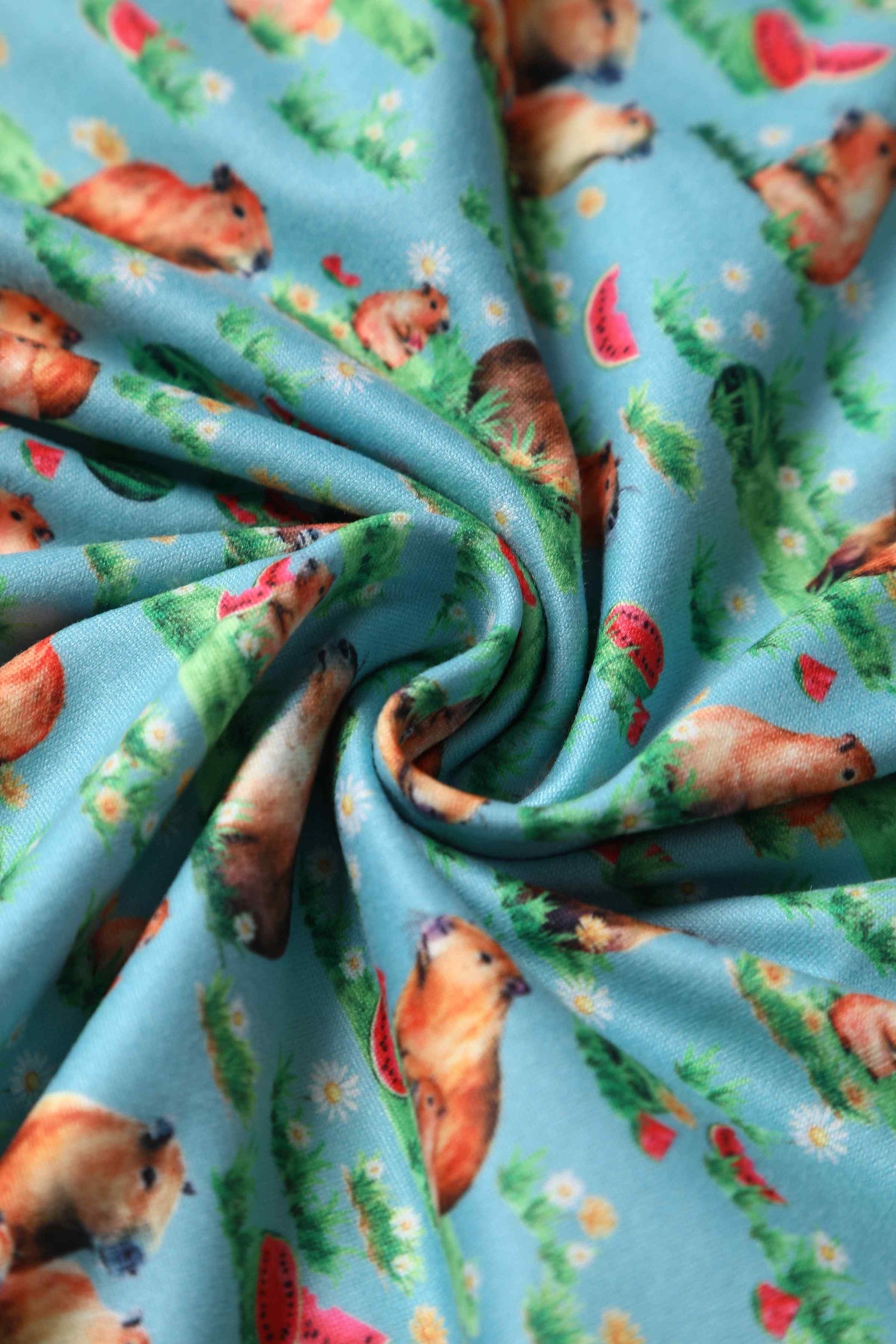 Close up View of Capybara Blue Wrap Dress