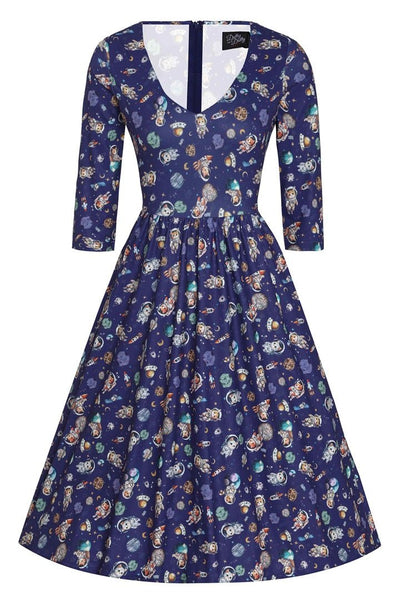 Front view of Purple Cat In Space Print Dress