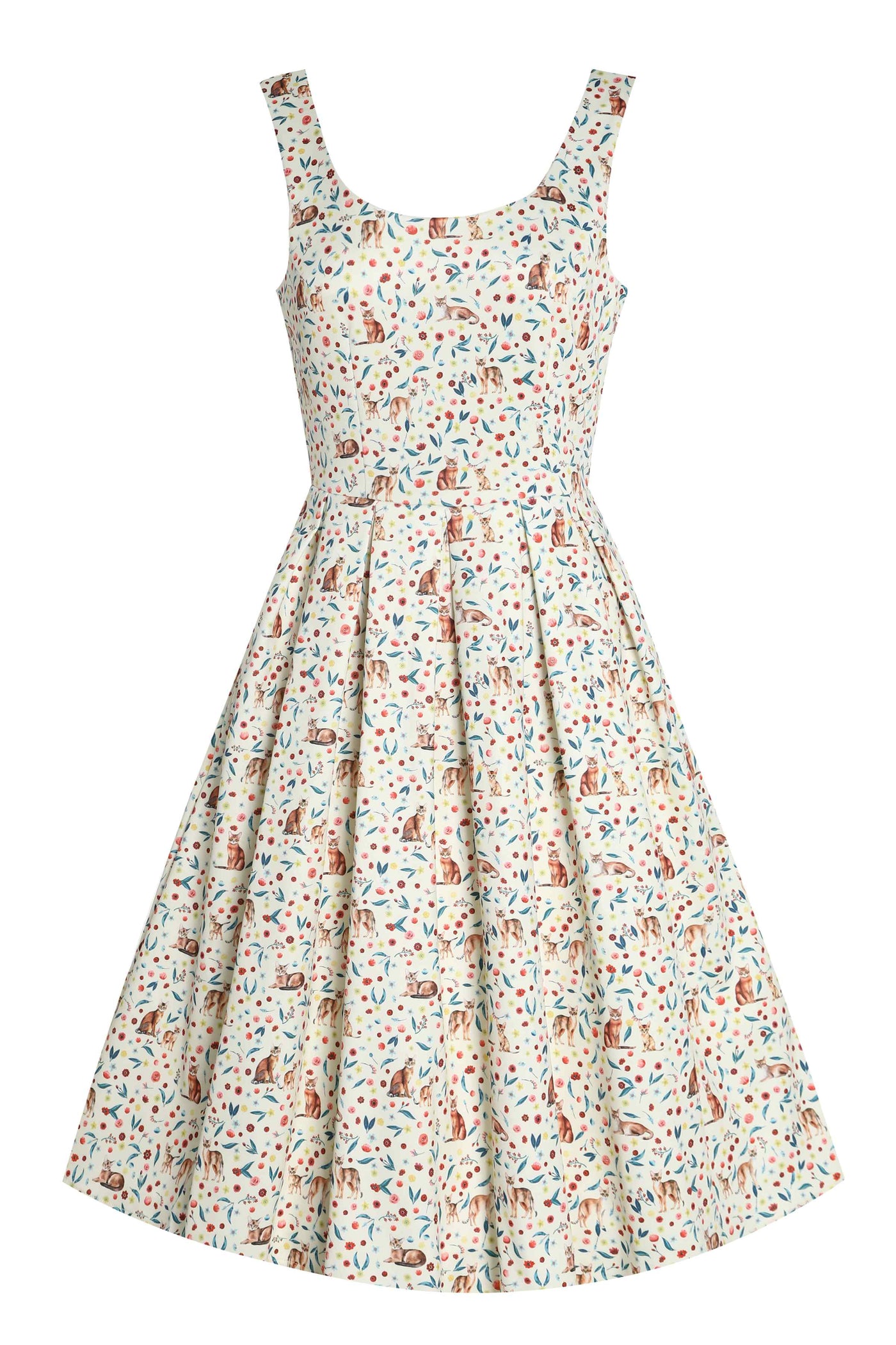 Ivory Cream Flared Dress in Cat Floral Print