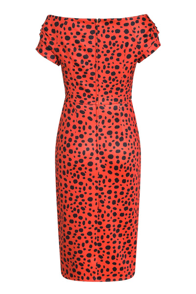 Back View of Cheetah Print Off Shoulder Pencil Dress in Orange