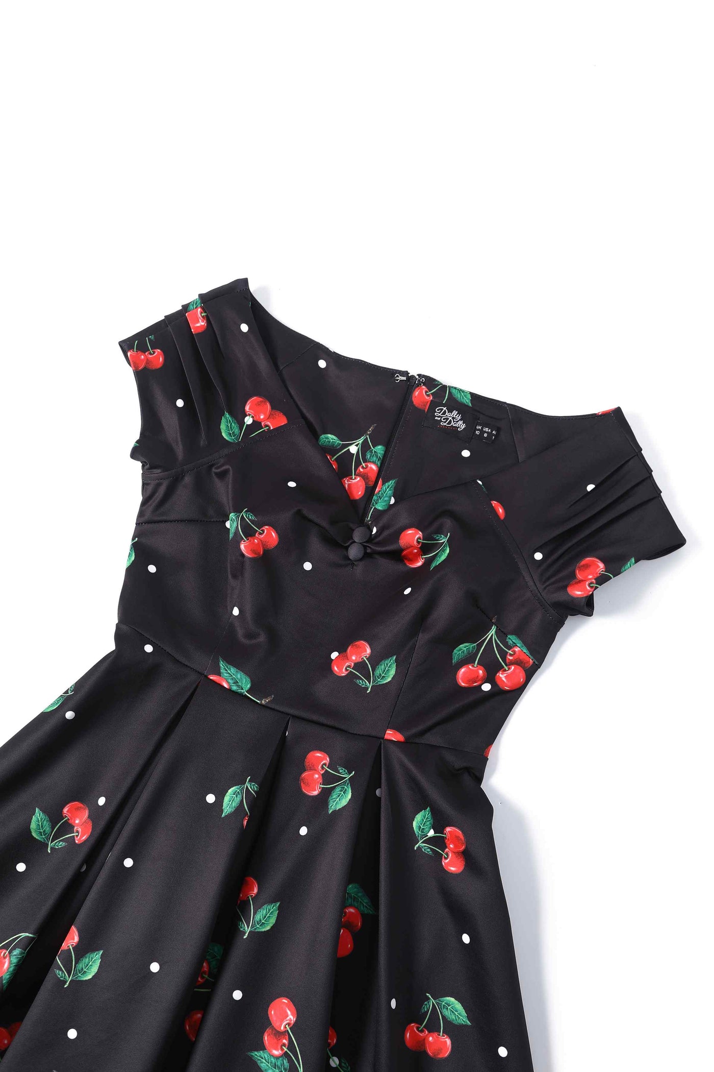 Close up view of Cherry Off Shoulder Dress In Black