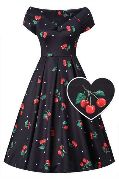 Front view of Cherry Off Shoulder Dress In Black