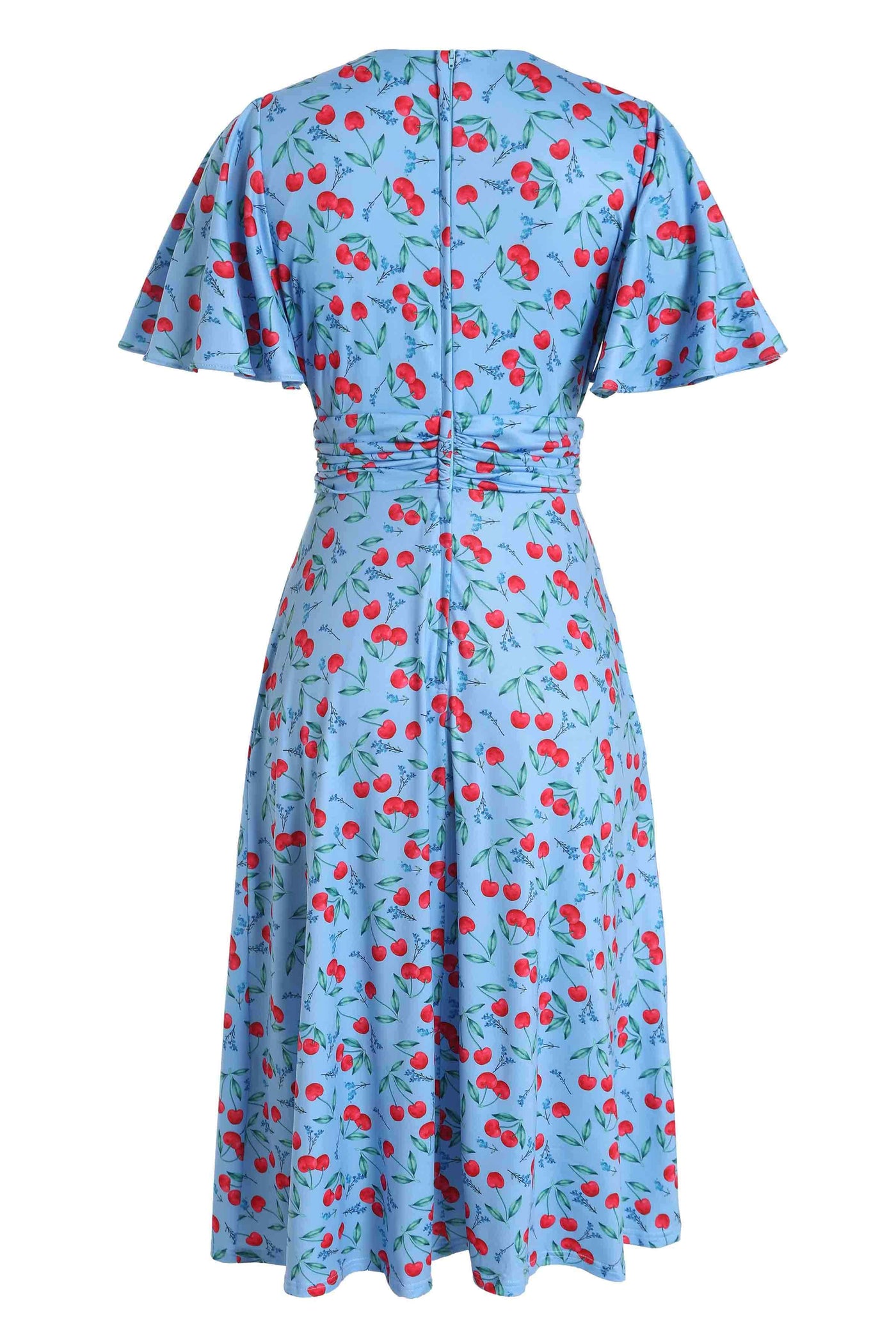Back view of Cherry Print Summer Tea Dress in Blue