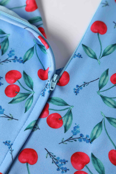 Close up view of Cherry Print Summer Tea Dress in Blue