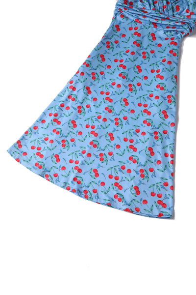 Close up view of Cherry Print Summer Tea Dress in Blue
