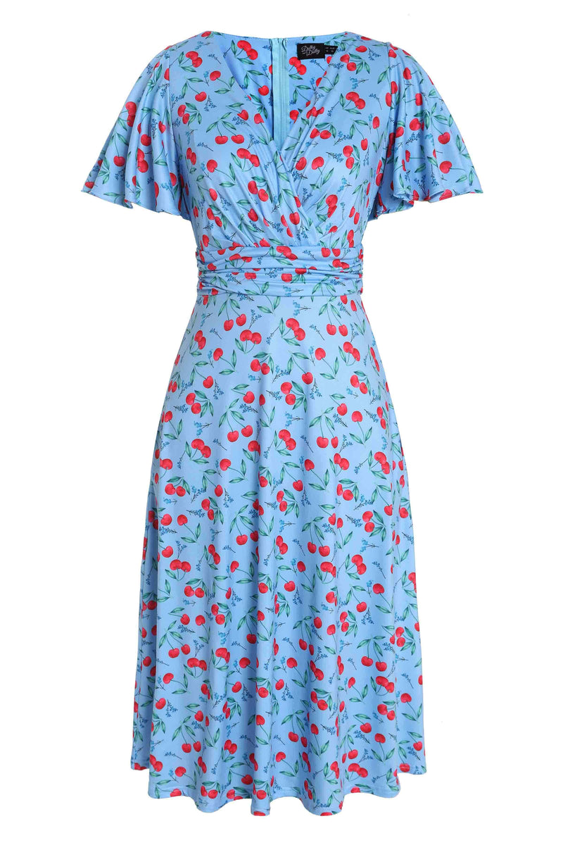 Front view of Cherry Print Summer Tea Dress in Blue