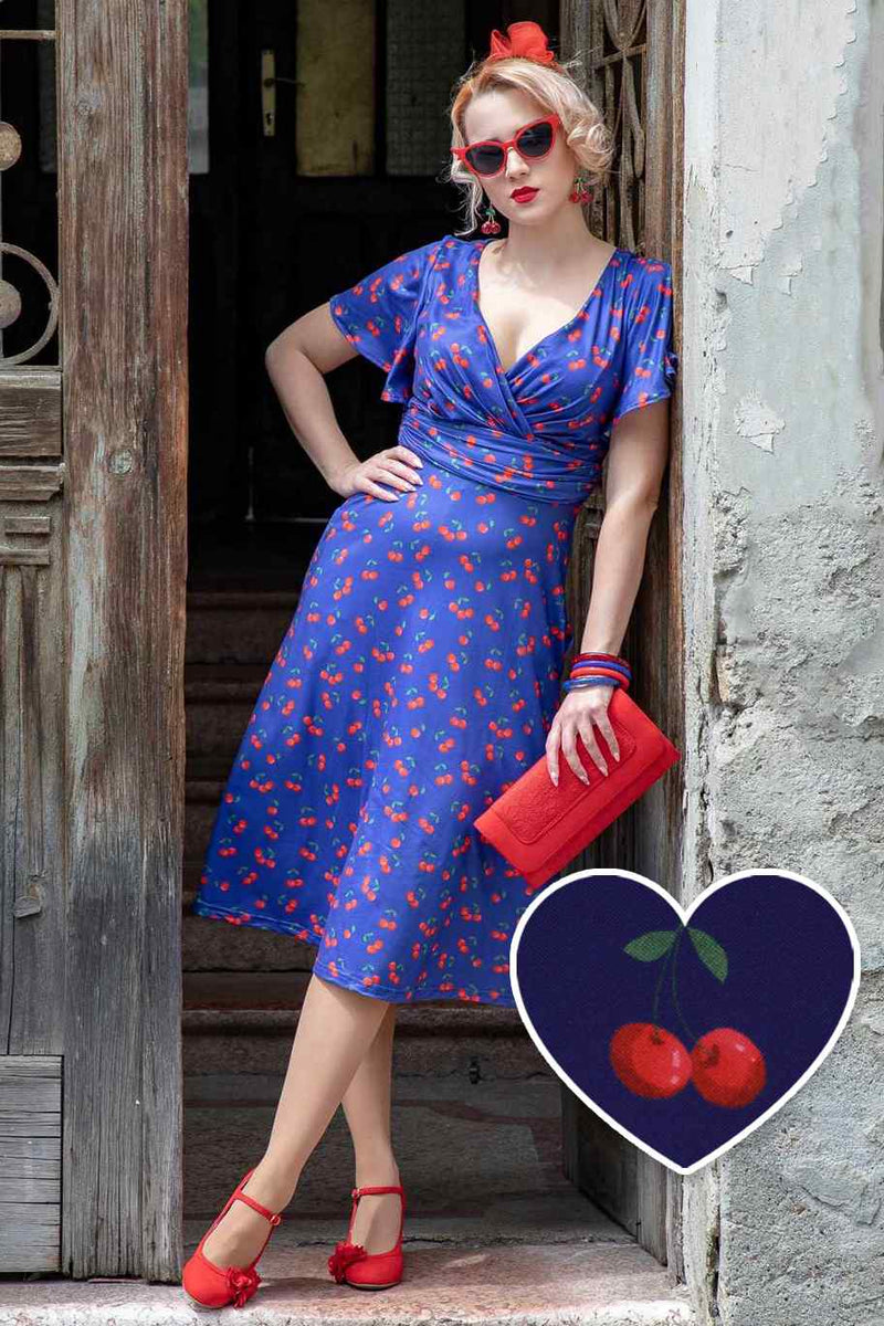 Navy Blue Tea Dress in Cherry Fruit Print