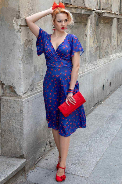 Navy Blue Tea Dress in Cherry Fruit Print