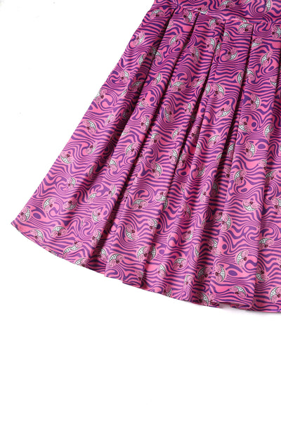 Close up view of Cheshire Cat Print Swing Dress in Pink