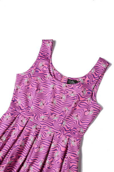 Close up view of Cheshire Cat Print Swing Dress in Pink