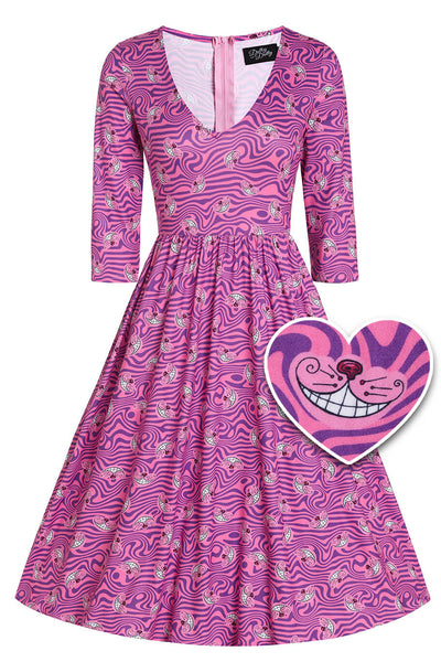 Front View of Cheshire Cat Smile Pink Long Sleeved Dress