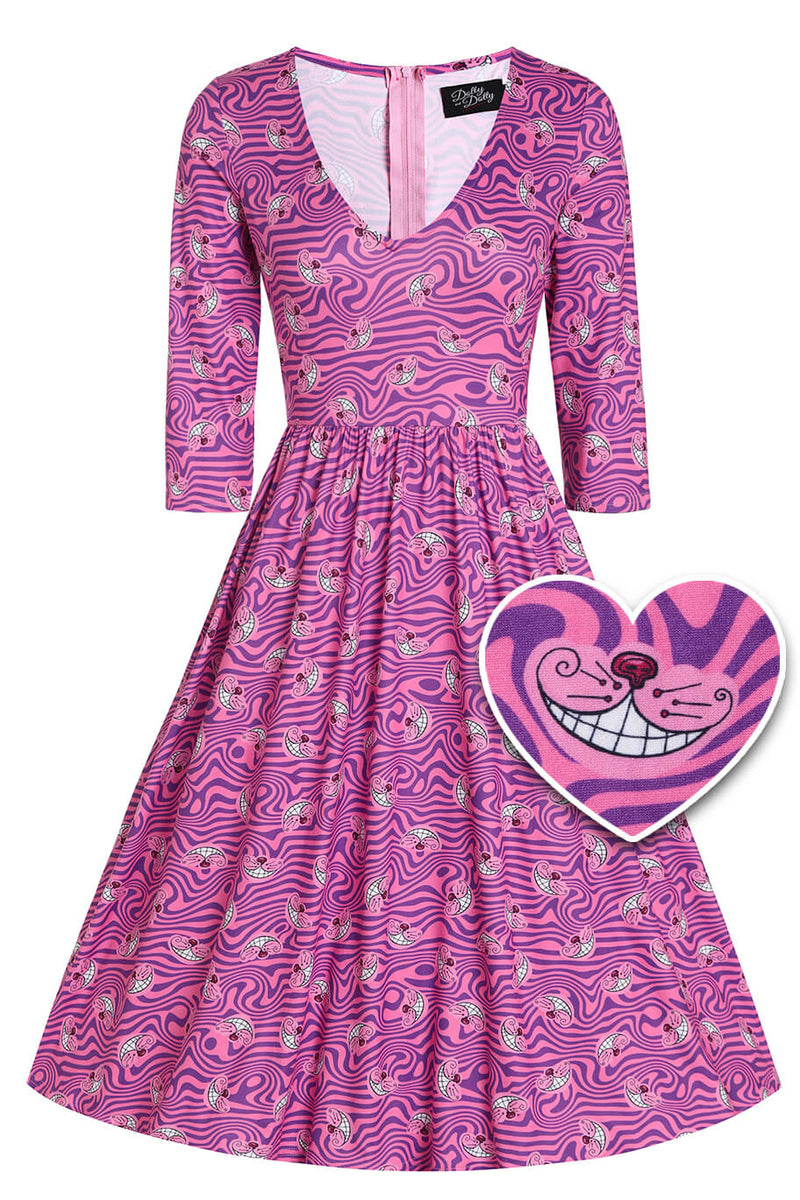 Front View of Cheshire Cat Smile Pink Long Sleeved Dress