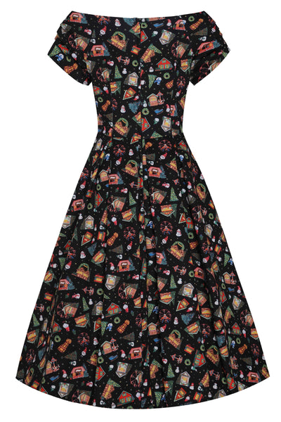 Back View of Christmas Fair Print Off Shoulder Dress in Black