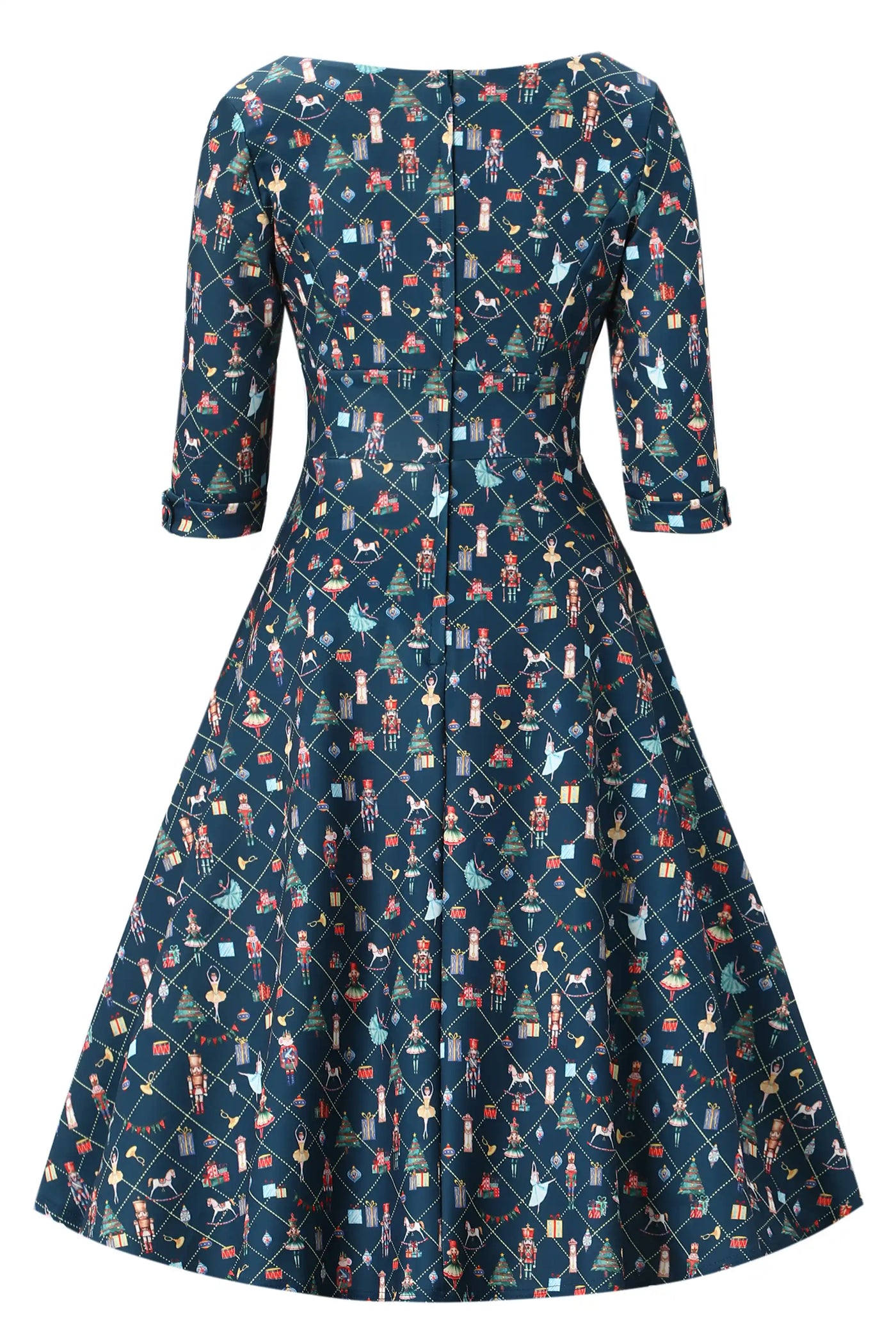 Back view of Christmas Nutcrackers Midi Dress In Navy Blue