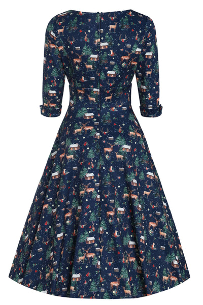 Back view of Christmas Reindeer Midi Dress On Navy Blue