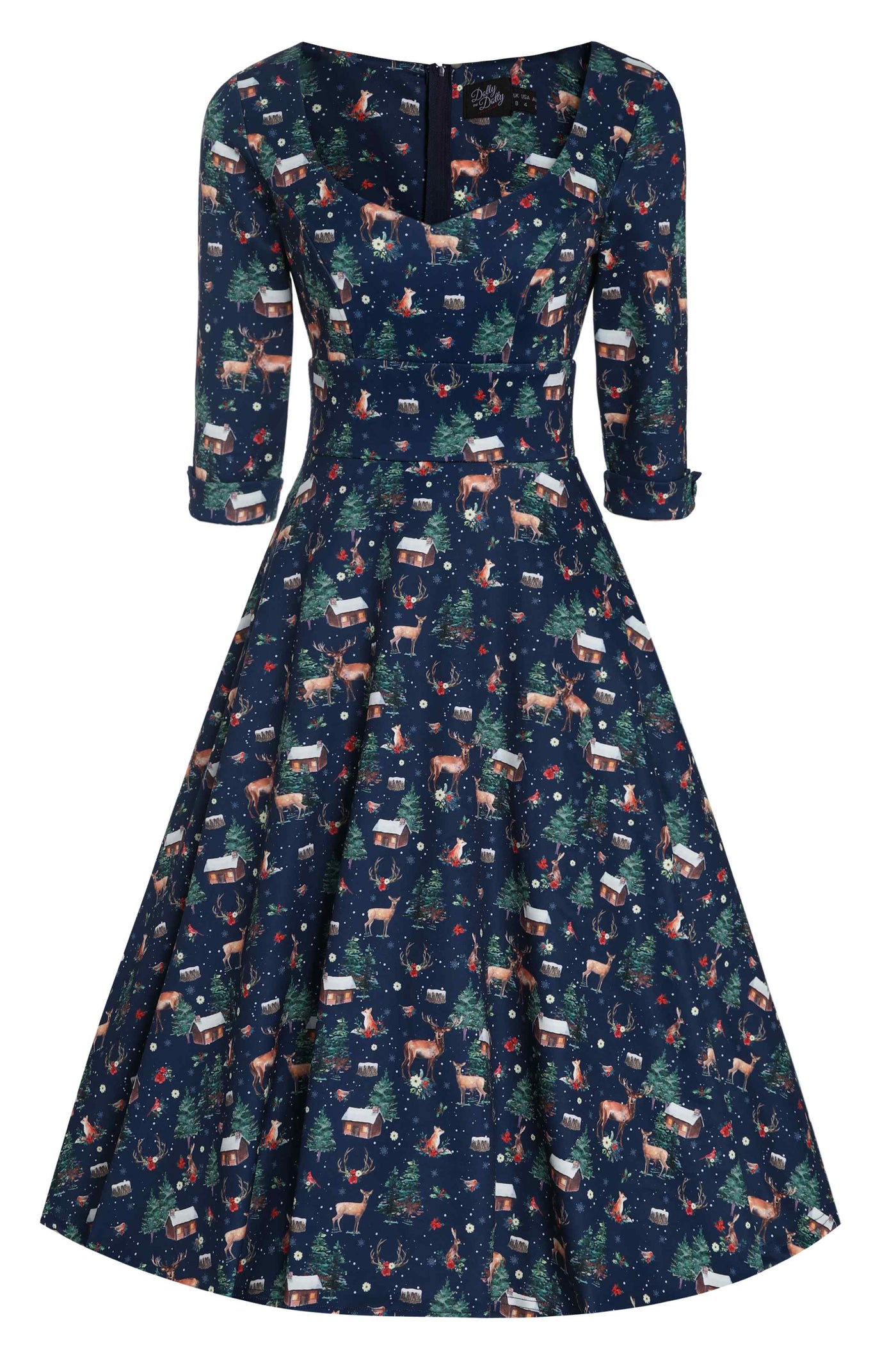 Front view of Christmas Reindeer Midi Dress On Navy Blue