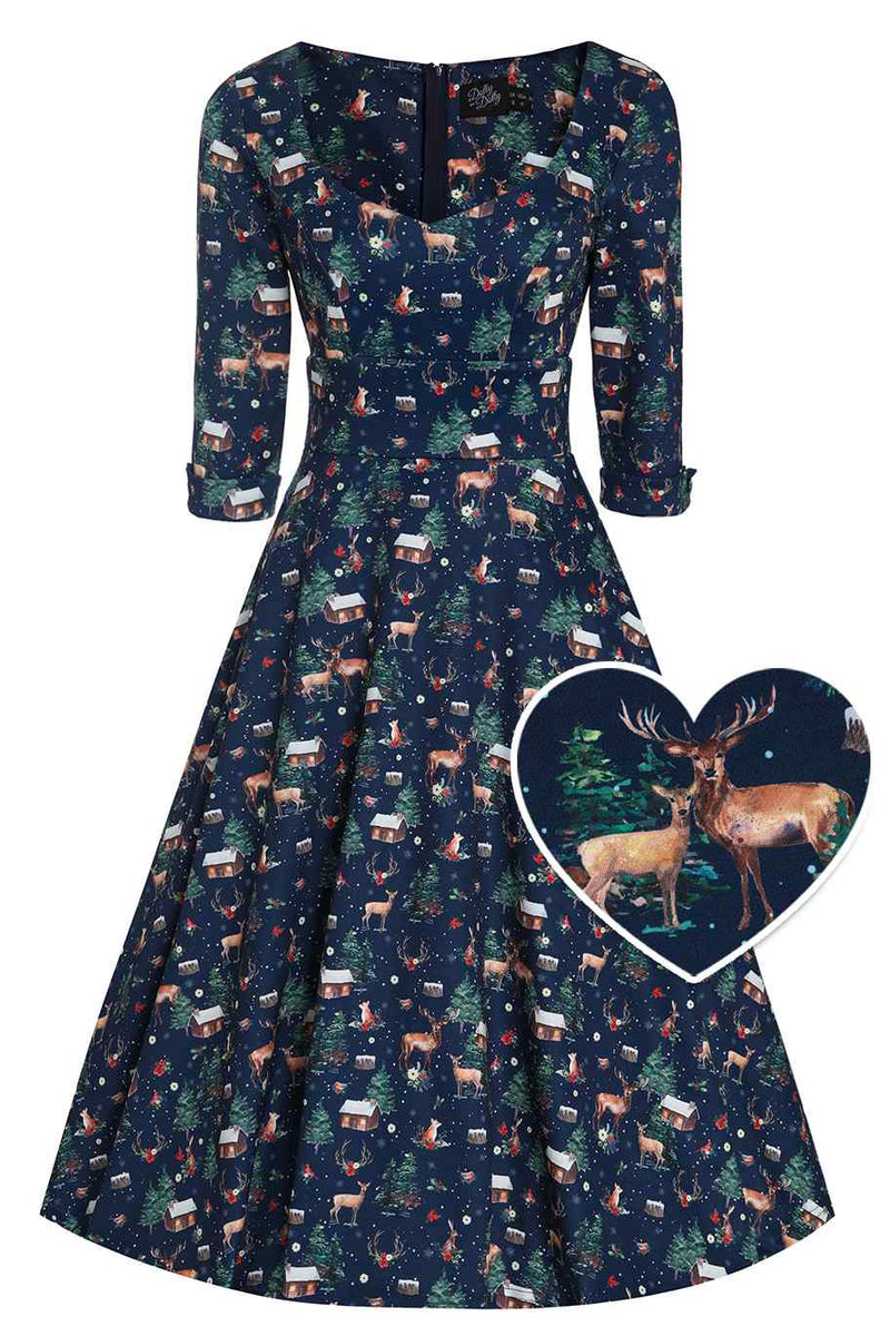 Front view of Christmas Reindeer Midi Dress On Navy Blue