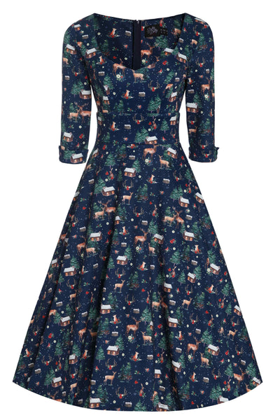 Scarlette Christmas Reindeer Midi Dress On Navy Blue