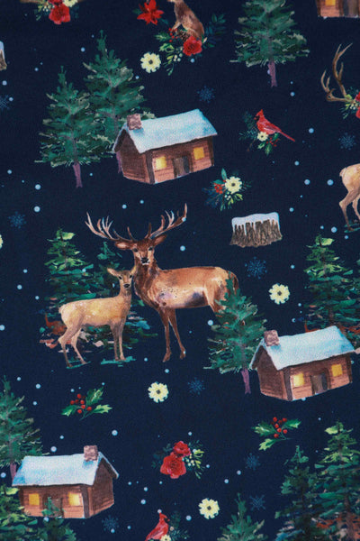 Close up view of Christmas Reindeer Midi Dress On Navy Blue