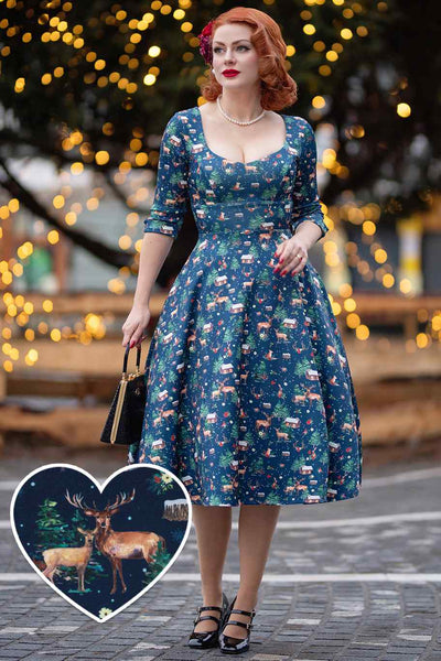 Model photo of Christmas Reindeer Midi Dress On Navy Blue