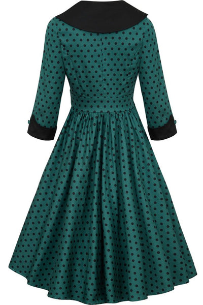 Back view of Coat Dress in Green & Black Polka Dots