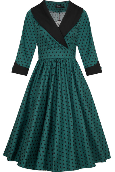 Front view of Coat Dress in Green & Black Polka Dots