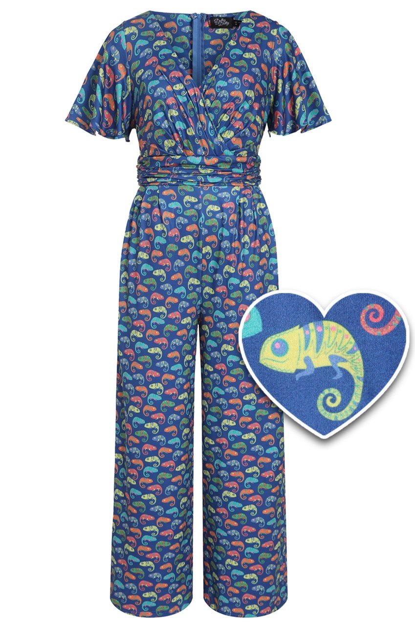 Front view of Colourful Chameleon Jumpsuit In Blue