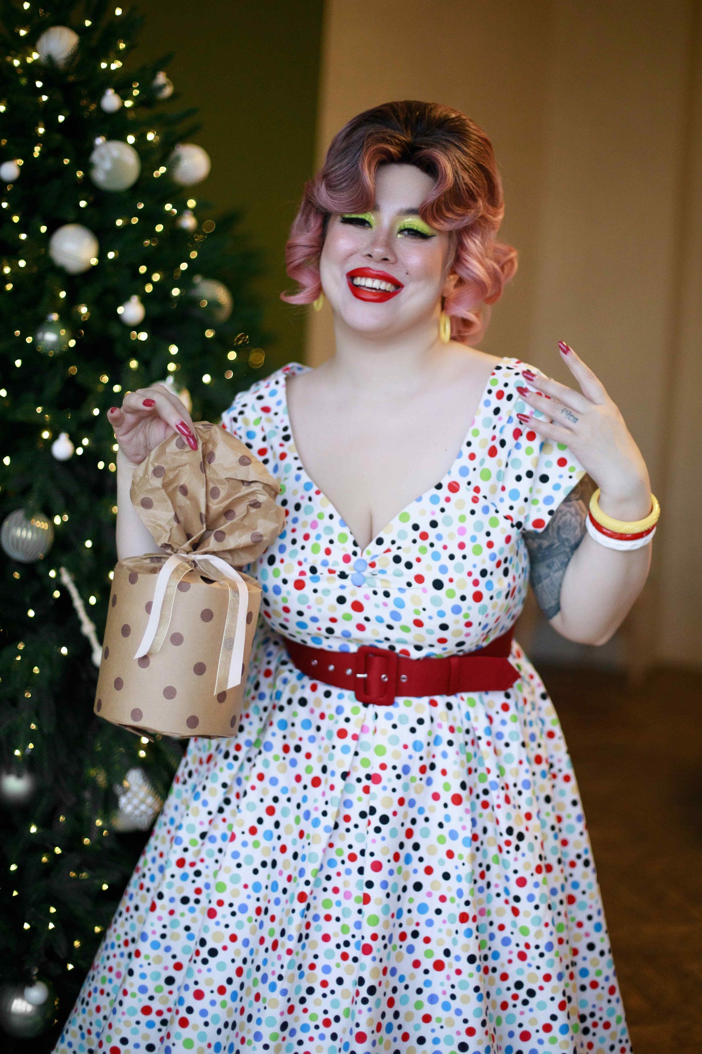 a model wearing Colourful Polka Dot Off Shoulder Dress