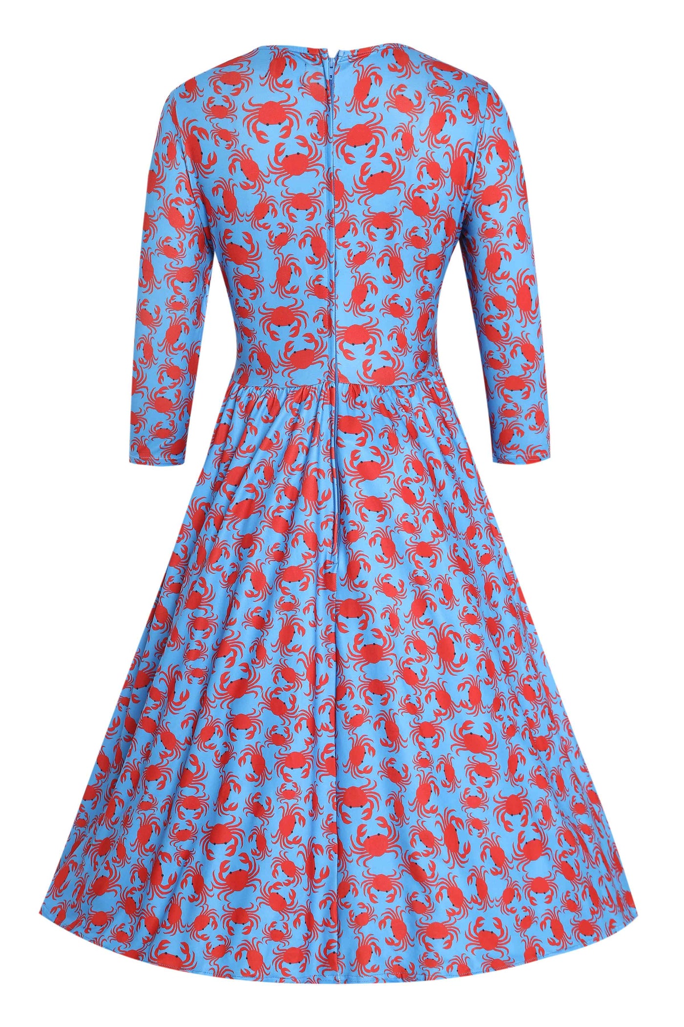 Back view of Crab Print Sleeved Dress in Blue