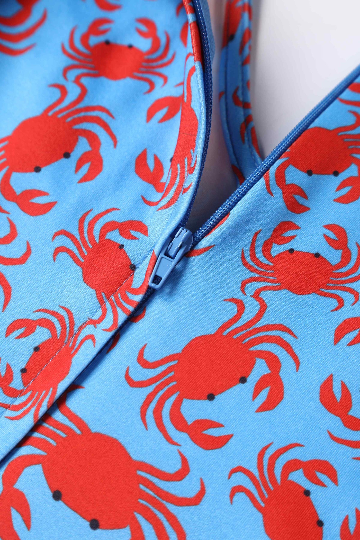 Close up view of Crab Print Sleeved Dress in Blue