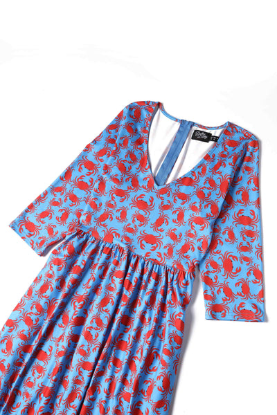 Close up view of Crab Print Sleeved Dress in Blue