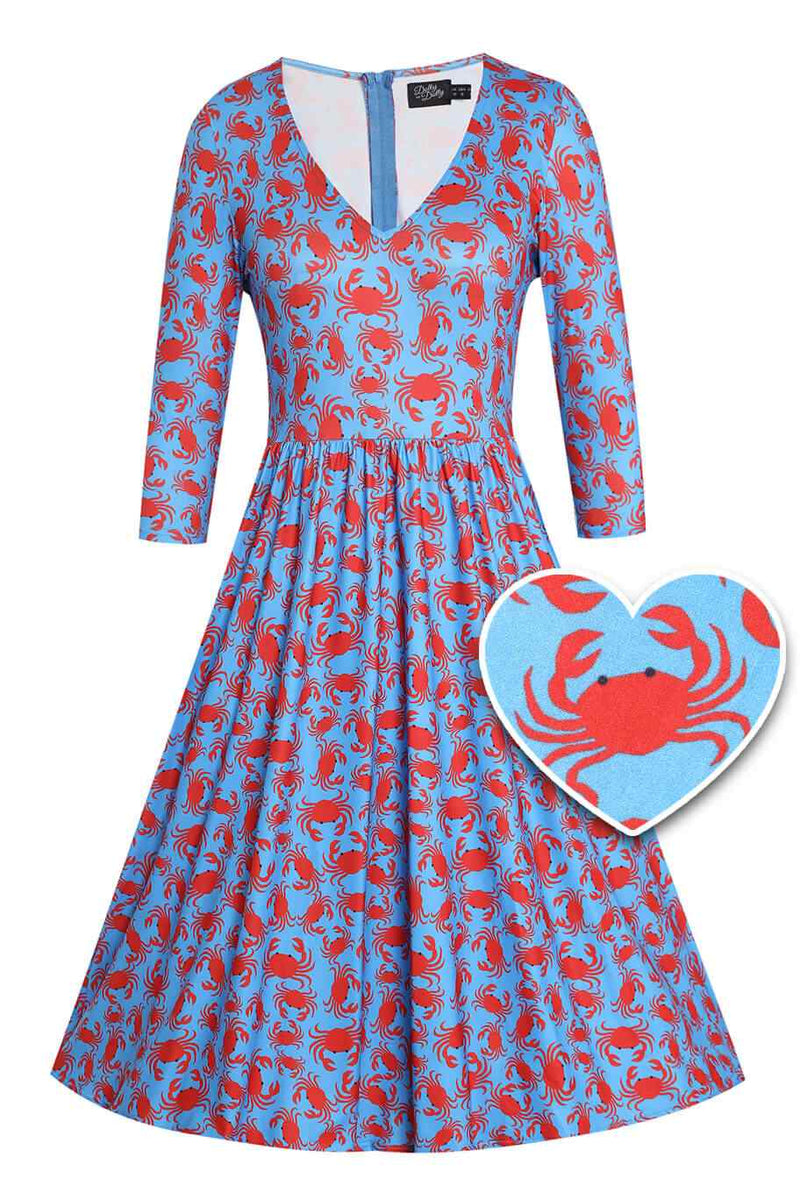 Front view of Crab Print Sleeved Dress in Blue