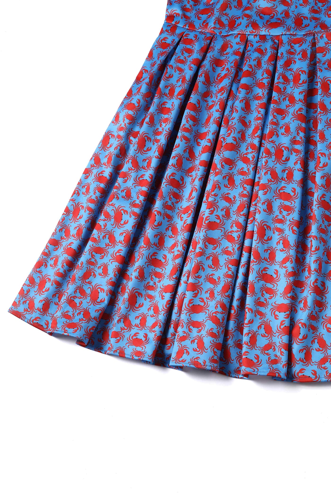 Close up View of Crab Print Swing Dress in blue