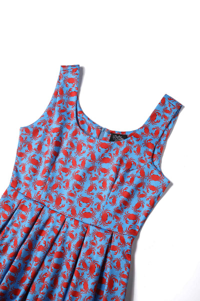 Close up View of Crab Print Swing Dress in blue