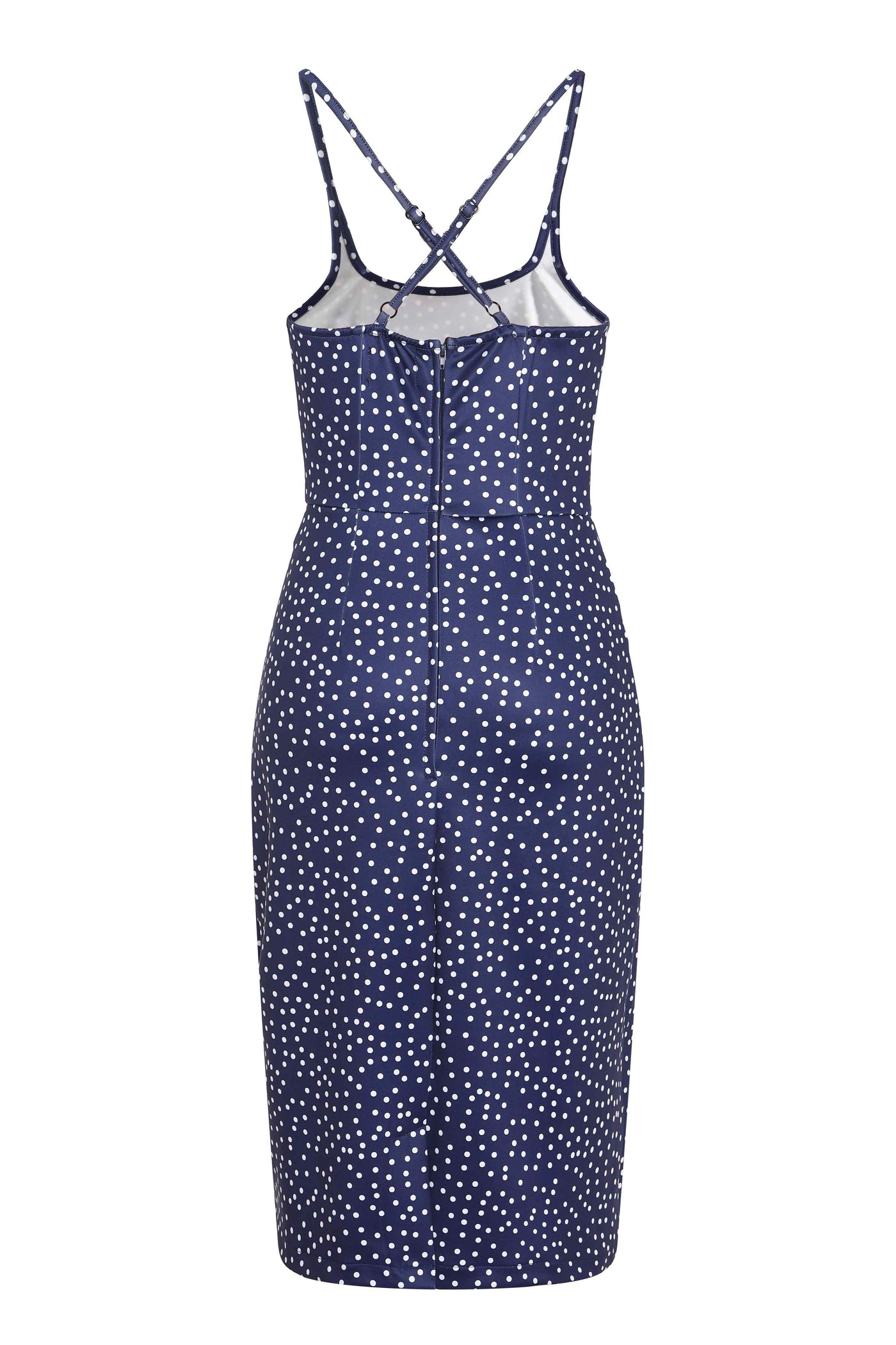 Close up view of Cross Strap Fitted Dress in Blue Polka Dots