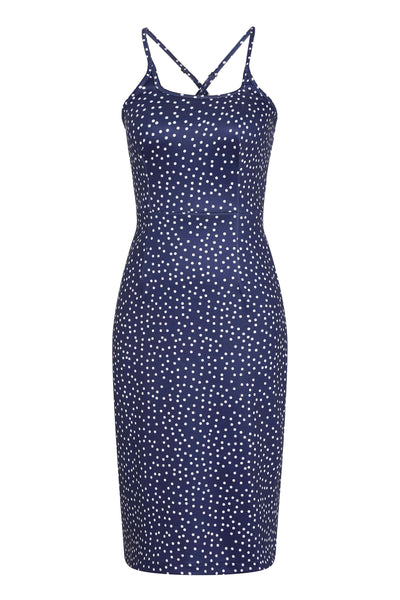 Front view of Cross Strap Fitted Dress in Blue Polka Dots