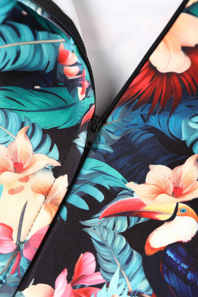 Close up view of Cross Strap Pencil Dress in Black Toucan Print