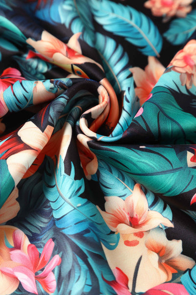 Close up view of Cross Strap Pencil Dress in Black Toucan Print